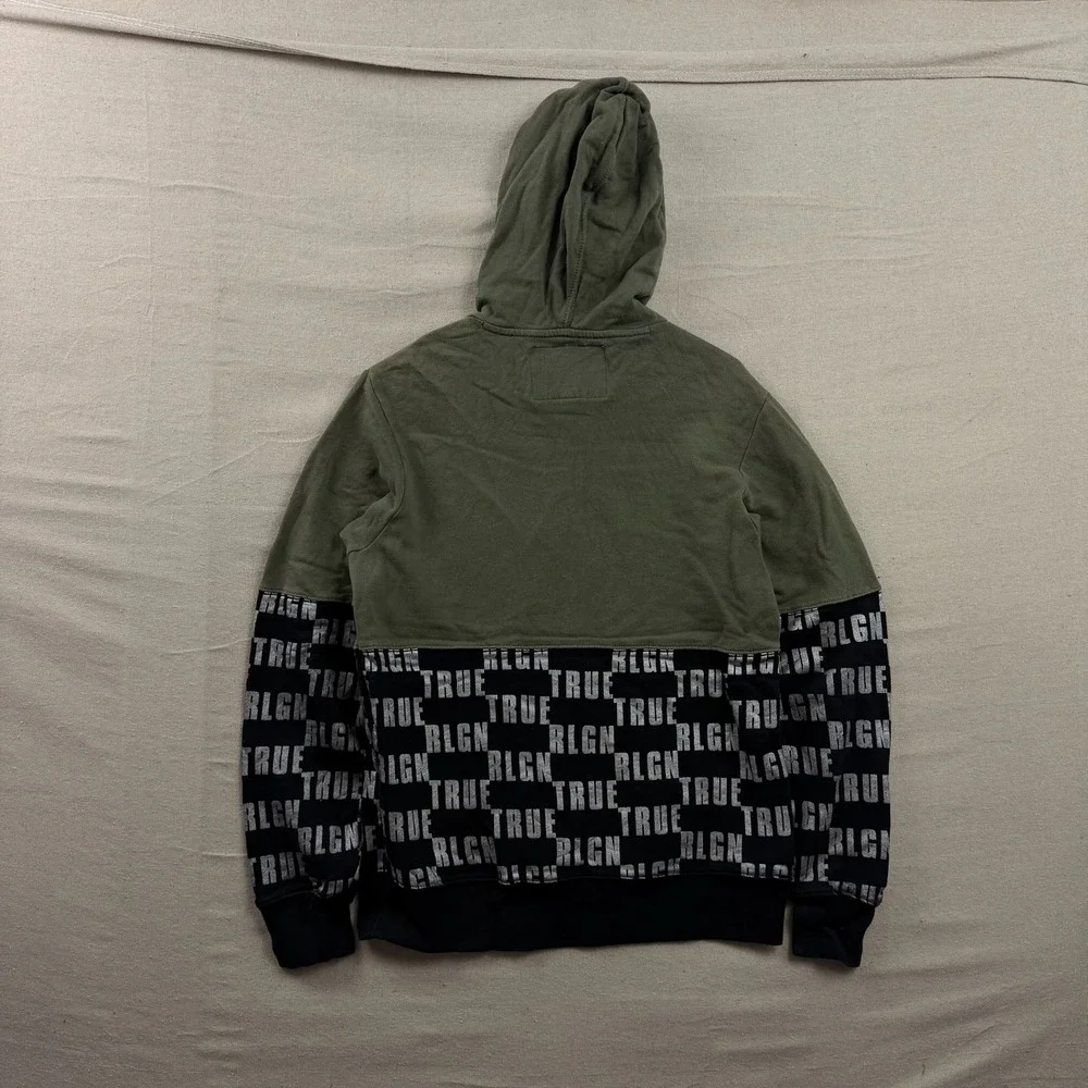 True Religion Hoodie Mens Large Olive Black Monogram Pullover Sweatshirt Logo